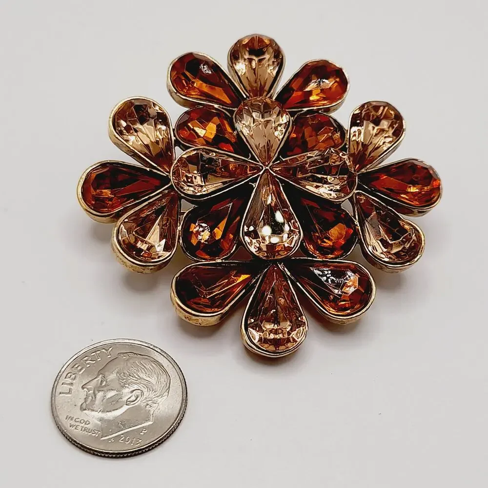 Vintage Amber Rhinestone Flower Brooch Gold Tone 2 Inch Statement Pin